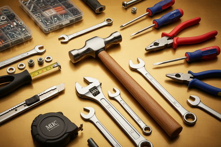 Cria uma imagem de ferramentas com fundo dourado 